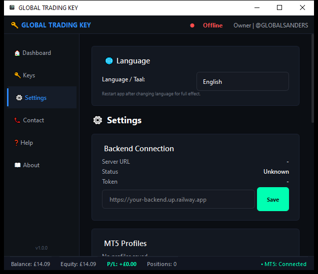 Settings panel
