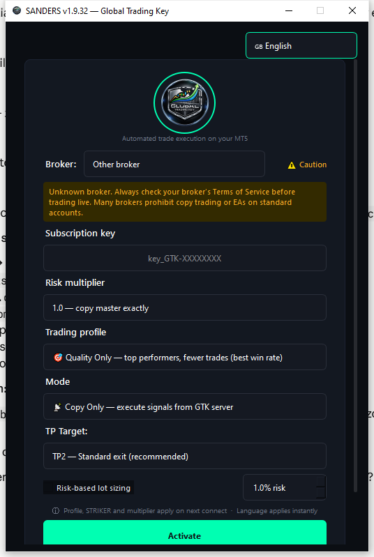 Sanders login screen — broker selector, TP target, risk-based lot sizing